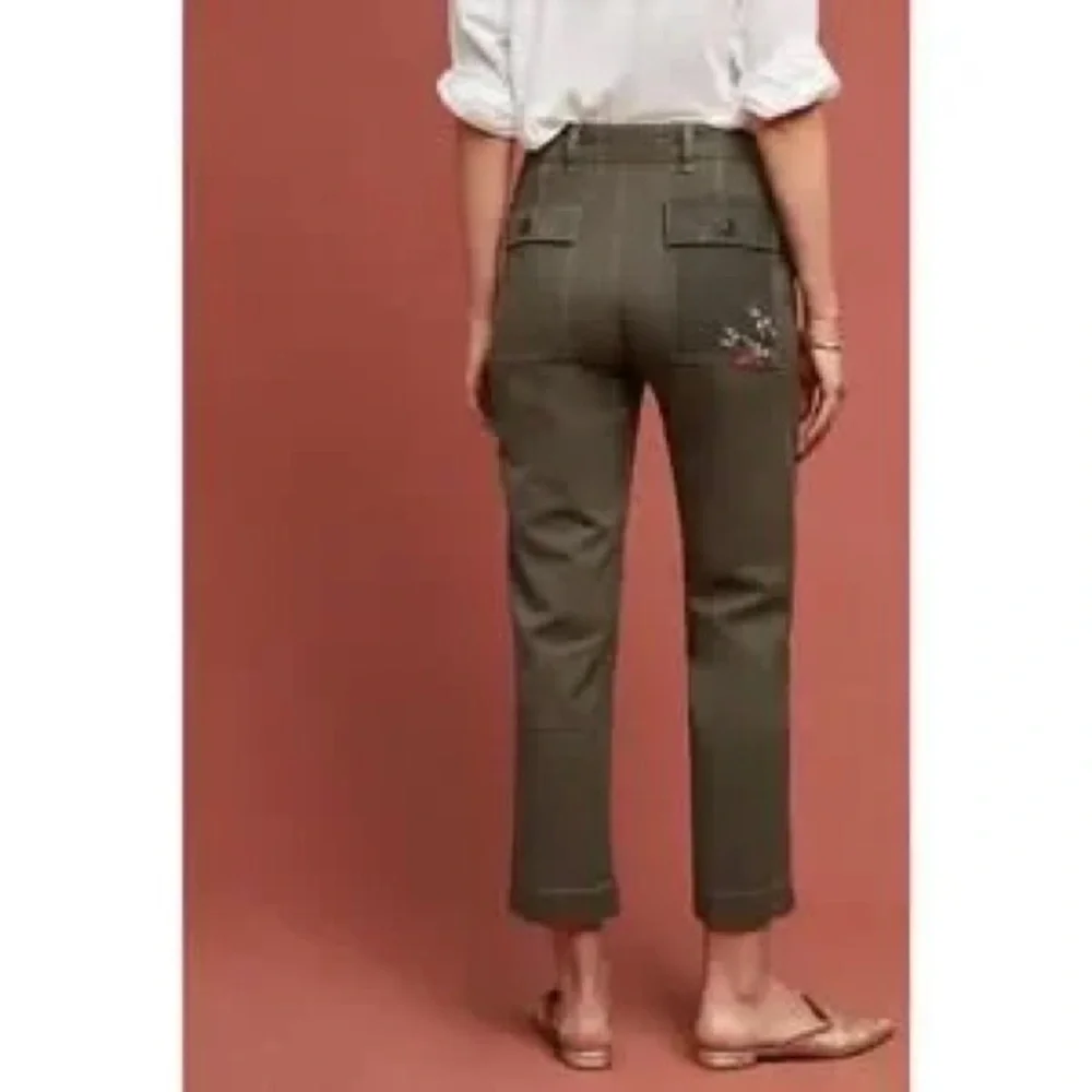 By Anthropologie Green Floral Embroidered Cargo Utility Pants Size 27 - Picture 3 of 9